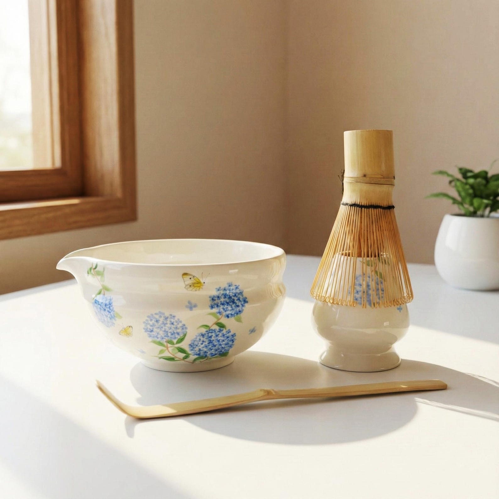 Hand Painted Hydrangea Butterfly Matcha Set Chawan With Spout Bowl ...