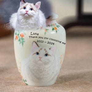 May include: A ceramic vase with a painted portrait of a cat, with a live cat perched on top. The vase is decorated with floral patterns and the text "Luna Thank you for choosing me 2013 - 2024". The cat has blue eyes and white fur.