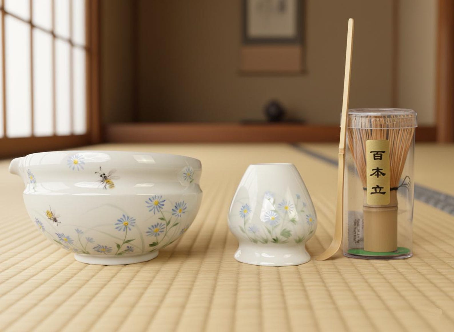 Handmade April Birth Flower Daisy Bee Matcha Kit 450ml Hand Painted Ceramic Chawan with Spout Bowl with Whisk Stand Personalized Gift Set - 4pc Full Set