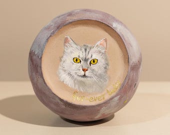 Handmade Pet Memorial Urn – Rainbow Bridge Planet Series, Purple Kiln-Varied, Custom Hand-Painted Cat Portrait, Personalized Keepsake Gift