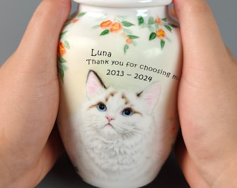 Hand-Painted Cat Memorial Urn: Custom Porcelain Pet Loss Keepsake