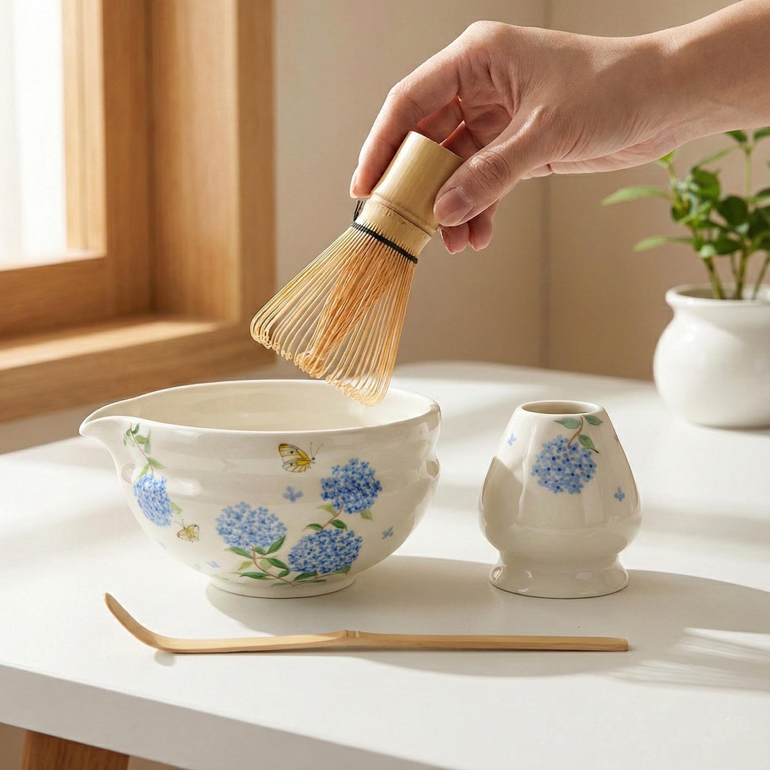 Hand Painted Hydrangea Butterfly Matcha Set Chawan With Spout Bowl ...