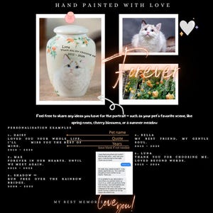 May include: A hand-painted ceramic pet urn with a cat portrait. The urn is cream-colored with floral accents and the text "Luna, Thank you for choosing me 2013-2024". The image includes a photo of a cat and the word "Forever".