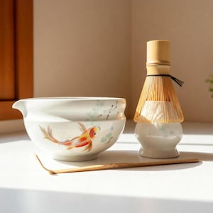 Puede incluir: Un cuenco de té de cerámica blanca con un diseño de pez koi, un batidor de bambú y una cuchara de bambú. El pez koi es naranja y rojo. El batidor está hecho de finas tiras de bambú. El cuenco de té tiene un pico.