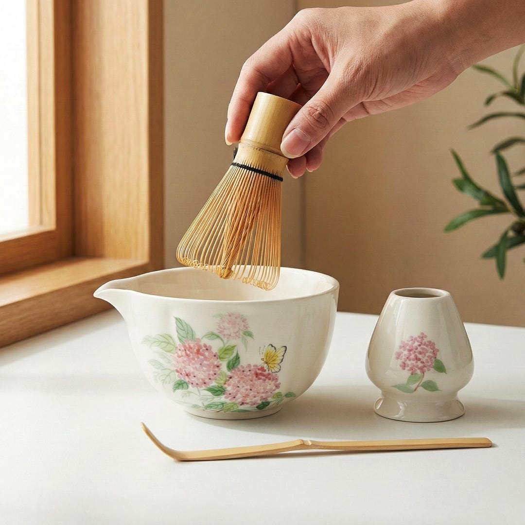 Handpainted Hydrangea Matcha Set, Spouted Chawan Bowl & Whisk Stand Tea ...