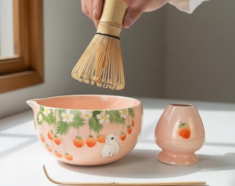 Handbemaltes Erdbeerhasen Matchaschalen-Set: Personalisierte Keramik-Chawan