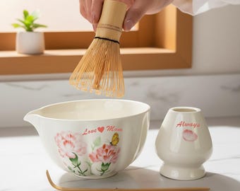 Butterfly Pink Floral Personalized Matcha Bowl Set Chawan Spout Whisk Stand Gifts for Mom Mothers Day Birthday Tea Ritual Housewarming Anniv