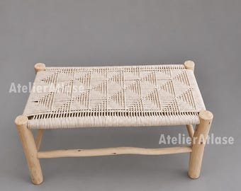 Handmade Moroccan Woven Bench, White Entryway Wood Benches