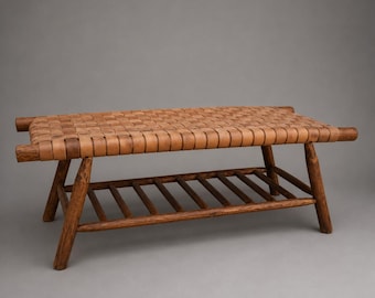 Moroccan Wood Leather Bench, Handmade Entryway Benches