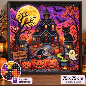 May include: A square diamond painting kit featuring a Halloween scene with a haunted house, a large yellow moon, a black cat, pumpkins, a ghost, and a cauldron. A wooden sign reads HAPPY HALLOWEEN. The finished size is 75 x 75 cm.