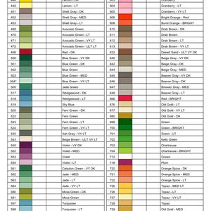 May include: A color chart with DMC thread colors, including shades of green, blue, and red. Each color is labeled with its name and a corresponding DMC number. The chart is designed for cross-stitch and embroidery projects.