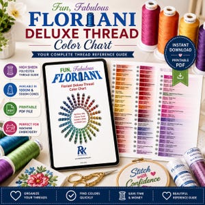 May include: A digital color chart for Floriani Deluxe Thread, featuring a variety of thread colors. The image includes spools of thread in various colors, a color reference guide, and the text "Fun, Fabulous FLORIANI Deluxe Thread Color Chart".
