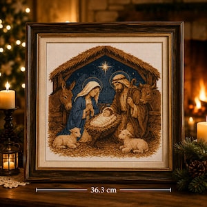 Puede incluir: Una obra de arte en punto de cruz enmarcada que representa una escena de natividad con figuras en un establo, incluyendo una estrella arriba, animales y un bebé en un pesebre. El marco cuadrado es de madera oscura y mide 36,3 cm de ancho.