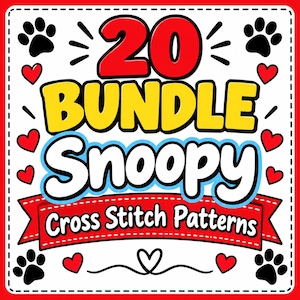 May include: A digital graphic featuring the text 20 BUNDLE Snoopy Cross Stitch Patterns in bold red, yellow, and white lettering. The design is decorated with black paw prints and small red hearts on a white background with a red border.