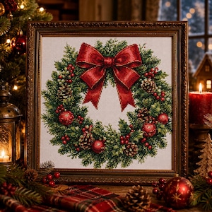 May include: A framed cross-stitch embroidery depicting a circular Christmas wreath made of green pine needles, decorated with red ornaments, brown pinecones, and small red berries, centered with a large, vibrant red satin bow.