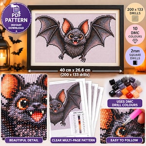 May include: A diamond painting kit featuring a bat design with 200 x 133 drills, 10 DMC colors, and 2mm square drills. The finished artwork measures 40 cm x 26.6 cm and includes a multi-page pattern, a stylus, and assorted colored resin drills.