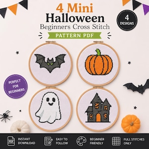 以下が含まれることがあります： 木製の刺繍枠に入った4つのミニハロウィンクロスステッチパターン。コウモリ、カボチャ、お化け、幽霊屋敷が描かれています。テキストには「4 Mini Halloween Beginners Cross Stitch PATTERN PDF」、「4 DESIGNS」、「PERFECT FOR BEGINNERS」と書かれています。