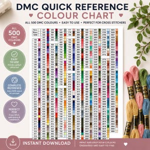Könnte beinhalten: Eine DMC-Schnellreferenz-Farbtabelle mit 500 Farben, perfekt für Kreuzstich. Die Tabelle enthält Farbcode- und -nummern, mit einem Abschnitt für einfache Farbauswahl und eine vollständige Referenz. Der Text "Sofort-Download" ist sichtbar.