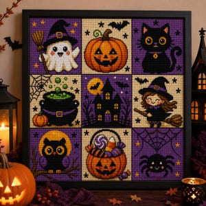May include: A framed cross-stitch sampler featuring a grid of nine Halloween-themed squares, including a ghost, a jack-o'-lantern, a black cat, a bubbling cauldron, a haunted house, a witch on a broom, an owl, a candy bucket, and a spider.