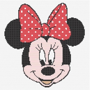 May include: A cross-stitch pattern featuring the head of a cartoon mouse with large black ears, a light pink face, and a prominent red bow with white polka dots. The design is rendered in a pixelated grid style on a white background.