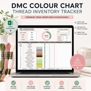 Op de afbeelding: Een laptop toont een DMC-kleurenkaart voor draadinventarisatie. Het scherm toont een overzicht van kleuren in bezit en te kopen, met een cirkeldiagram. Bundels borduurgaren in groen, roze en wit staan links. Tekst bevat "Organiseer. Volg. Verlies nooit meer een kleur."