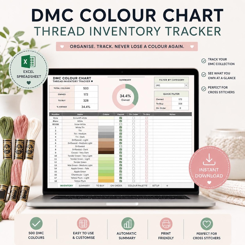 Complete DMC Color Thread Chart Thread Tracker Pdf/excel: Floss Numbers ...