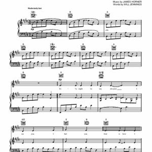 Può includere: Spartito di "My Heart Will Go On (Love Theme from 'Titanic')". La musica è scritta con inchiostro nero su carta bianca, con note musicali, accordi e testi. Il titolo e i nomi dei compositori sono in alto.