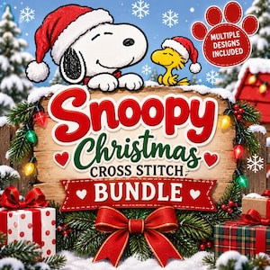 May include: A digital graphic featuring Snoopy and Woodstock wearing Santa hats above a wooden sign that reads Snoopy Christmas CROSS STITCH BUNDLE. The sign is decorated with pine branches, red bows, colourful Christmas lights, and gift boxes.