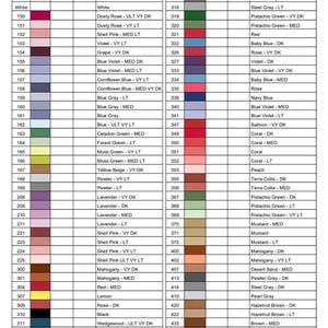 Op de afbeelding: Een DMC-kleurenkaart met kleurnamen en bijbehorende DMC-codes. De kaart bevat een breed scala aan kleuren, van Snow White tot Brown-VY LT, met kleurstalen ter referentie. Ideaal voor kruissteek en borduurwerk.