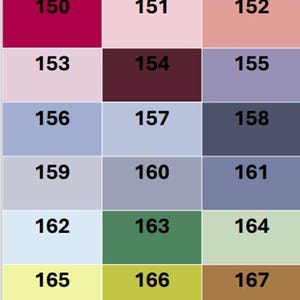 May include: Color swatch chart with various shades of color, including white, ecru, and a range of hues numbered from 150 to 208. The chart is organized in a grid format, with each color sample labeled.