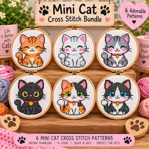 Mini-katter Korsstygnsmönster PDF-paket | Söta kattungar | 60x60 enkla små mönster | Korsstygn för nybörjare | Direkt nedladdning