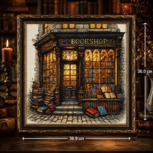 Peut inclure: Une œuvre en point de croix encadrée représentant la devanture d'une librairie avec un éclairage intérieur chaleureux, des piles de livres et le mot BOOKSHOP au-dessus de l'entrée. Le cadre mesure 36,9 cm de large et 36,0 cm de haut.