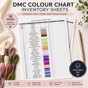 May include: DMC color chart inventory sheets with 18 pages available for instant download. The sheets include color swatches and spaces to track your collection. The image also shows DMC embroidery floss in various colors and a pen.
