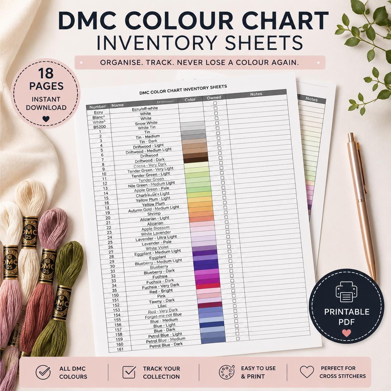 Complete DMC Color Thread Chart Thread Tracker Pdf/excel: Floss