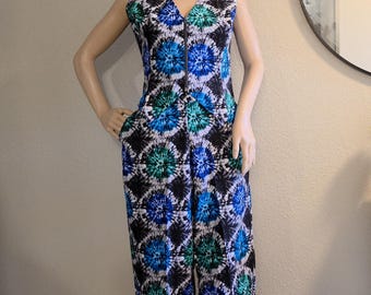 African Print Two-Piece Set – Blue & Green Ankara Sleeveless Top and Wide-Leg Pants with Pockets
