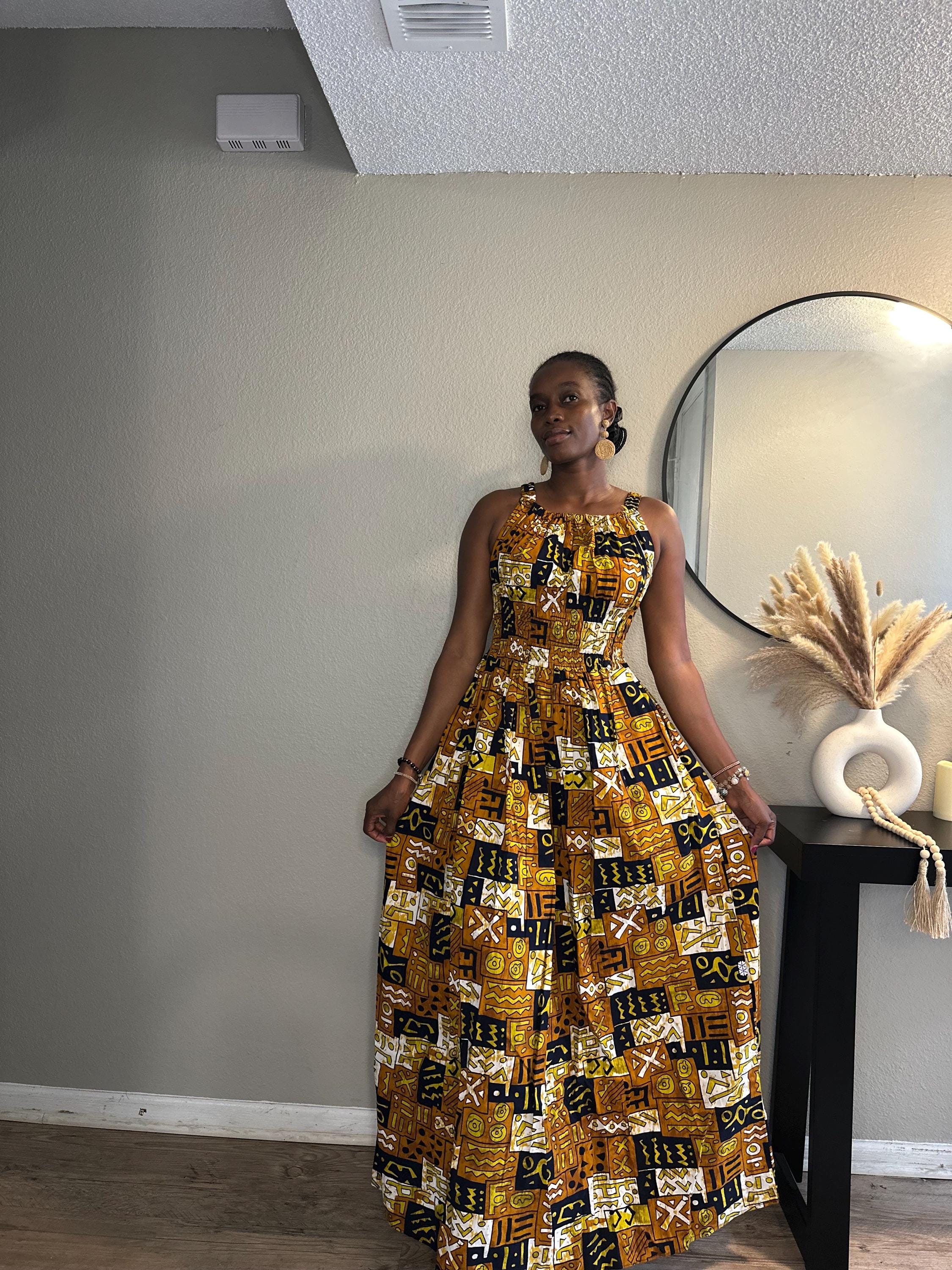 a line kitenge dress Trey Dress Blue Pink Cotton Kitenge A-Line Dress with Pockets – EcoTante