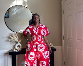 African Print Puff Sleeve Top & Wide Leg Pants Set | Two Piece Vacation Outfit