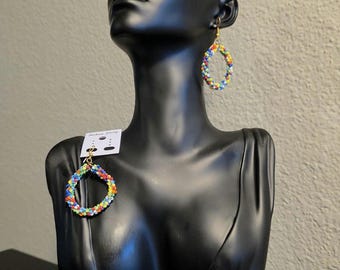 Rainbow Beaded Hoop Earrings | Handmade African Maasai Jewelry | Colorful Lightweight Dangle Earrings | AfrothreadsUSA