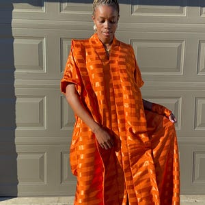 Luxury Satin Kaftan Dress: Elegant Orange Maxi, Handmade African Wear