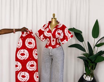 Ensemble haut imprimé africain à manches bouffantes et pantalon large | Ensemble de vacances deux pièces