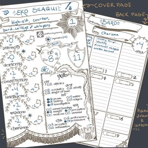 May include: Hand-drawn character sheet for a role-playing game. The cover page features the name "Eko Silaqui" and character stats. The back page includes spellcasting information. The design is in black and white with decorative borders.