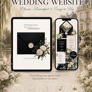 Puede incluir: Una plantilla de sitio web de bodas digital mostrada en una tableta y un teléfono inteligente. La pantalla muestra un sobre negro con un sello de cera, rosas blancas y texto que incluye "Introducing the Harrisons" y "11 August 2027".