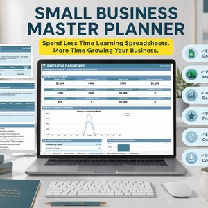 May include: A digital small business master planner displayed on a laptop screen, featuring an executive dashboard with revenue, expense, and profit data. The interface includes tabs for a revenue tracker, task manager, and brand hub with blue headers.