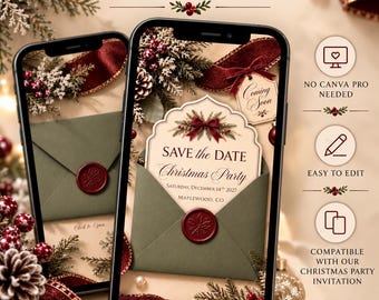 May include: A digital Christmas party save the date invitation displayed on two smartphones. The screen shows a green envelope with a red wax seal, festive pine branches, and a countdown timer reading 77:06:05. Text includes Christmas Party, Save the Date, and Saturday, December 14th 2027.