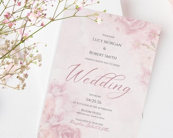 Elegant Pink Floral Wedding Invitation Set: Canva Template