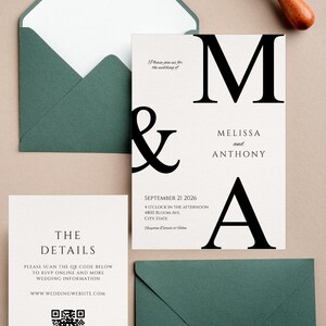 May include: Wedding invitation suite featuring a cream-colored invitation card with black text, including the names Melissa and Anthony, and the date September 21, 2026. Includes a matching details card, green envelopes, and a wax seal.