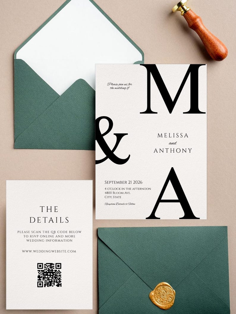 May include: Wedding invitation suite featuring a cream-colored invitation card with black text, including the names Melissa and Anthony, and the date September 21, 2026. Includes a matching details card, green envelopes, and a wax seal.