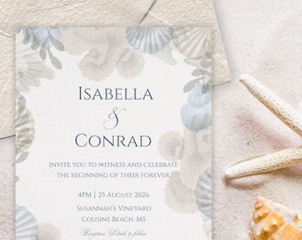 Coastal Wedding Invitation Set: Light Blue Seashell Design (Canva Template)