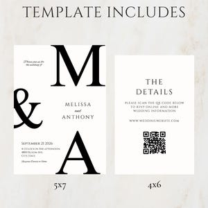 May include: A wedding invitation template with a minimalist design. The design includes a 5x7 invitation with the names Melissa and Anthony, and a 4x6 card with RSVP details and a QR code. The text is in black on a white background.