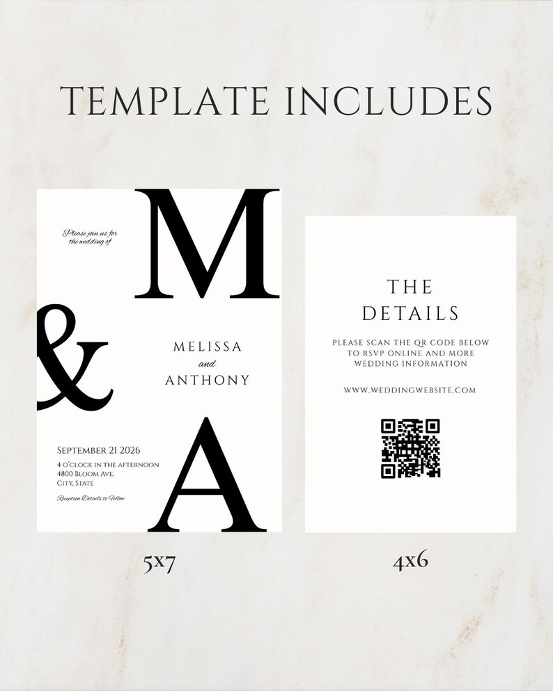 May include: A wedding invitation template with a minimalist design. The design includes a 5x7 invitation with the names Melissa and Anthony, and a 4x6 card with RSVP details and a QR code. The text is in black on a white background.